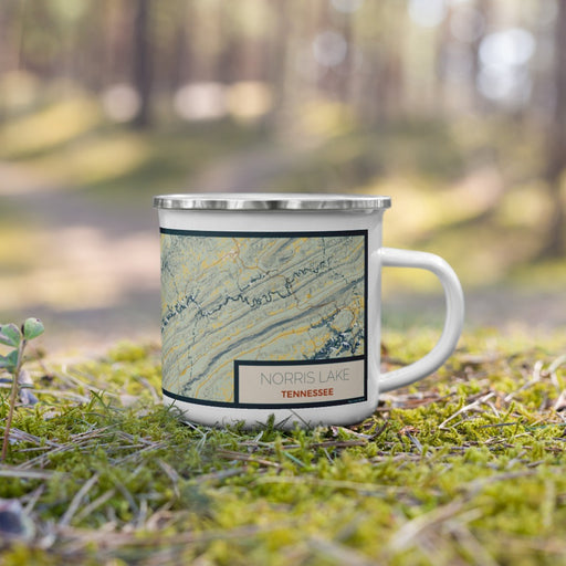 Right View Custom Norris Lake Tennessee Map Enamel Mug in Woodblock on Grass With Trees in Background
