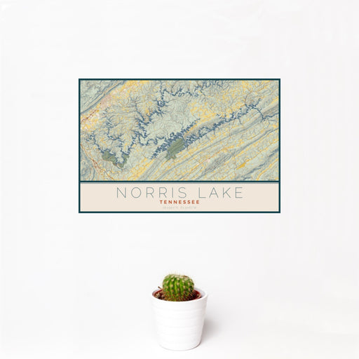 12x18 Norris Lake Tennessee Map Print Landscape Orientation in Woodblock Style With Small Cactus Plant in White Planter