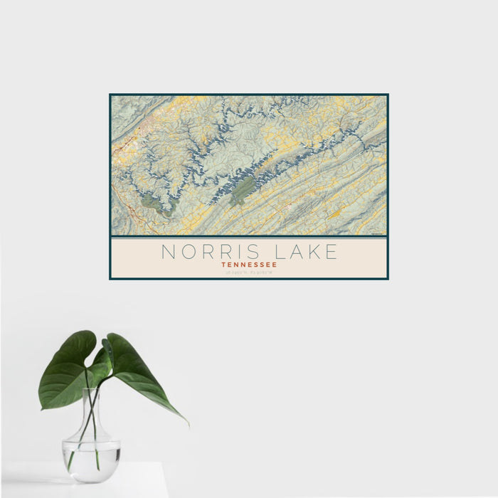 16x24 Norris Lake Tennessee Map Print Landscape Orientation in Woodblock Style With Tropical Plant Leaves in Water