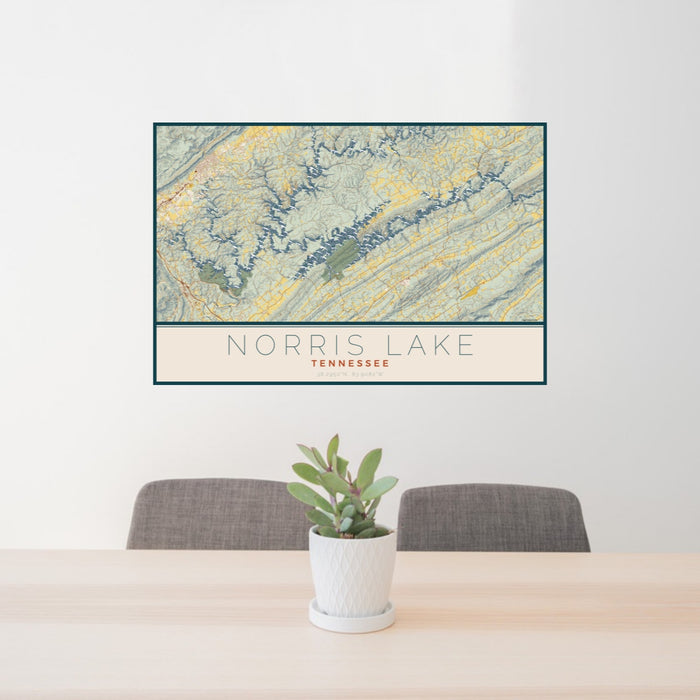 24x36 Norris Lake Tennessee Map Print Landscape Orientation in Woodblock Style Behind 2 Chairs Table and Potted Plant