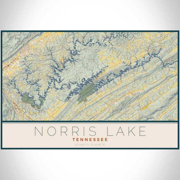 Norris Lake Tennessee Map Print Landscape Orientation in Woodblock Style With Shaded Background