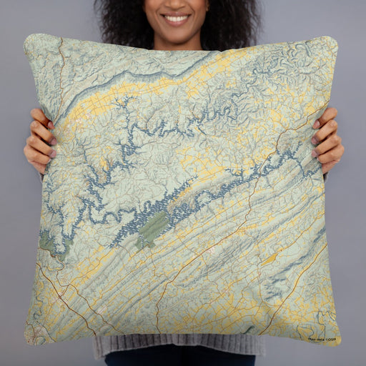 Person holding 22x22 Custom Norris Lake Tennessee Map Throw Pillow in Woodblock