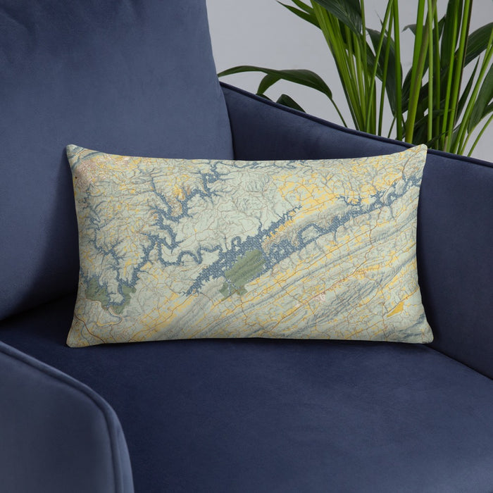 Custom Norris Lake Tennessee Map Throw Pillow in Woodblock on Blue Colored Chair