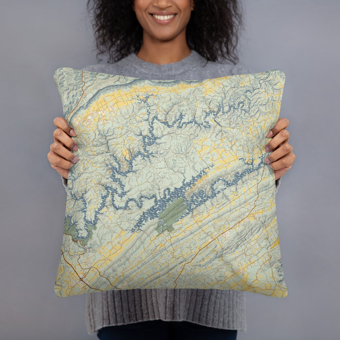 Person holding 18x18 Custom Norris Lake Tennessee Map Throw Pillow in Woodblock
