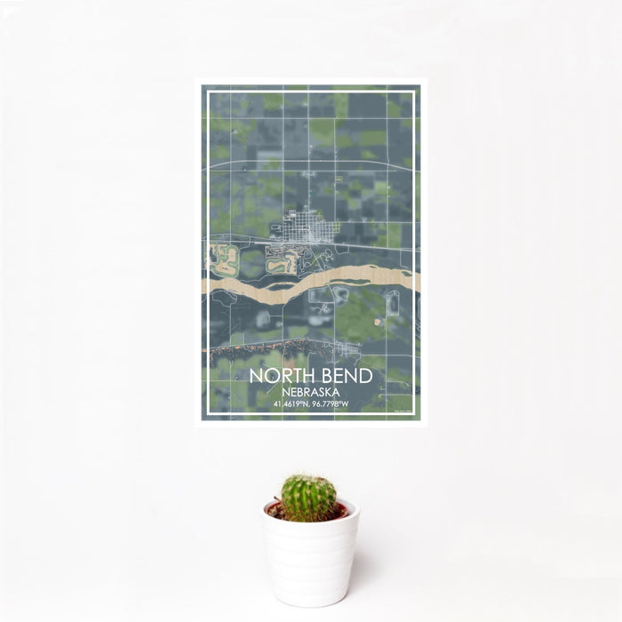 12x18 North Bend Nebraska Map Print Portrait Orientation in Afternoon Style With Small Cactus Plant in White Planter