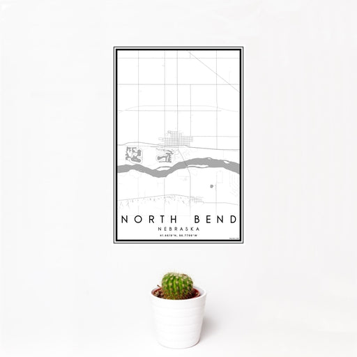 12x18 North Bend Nebraska Map Print Portrait Orientation in Classic Style With Small Cactus Plant in White Planter