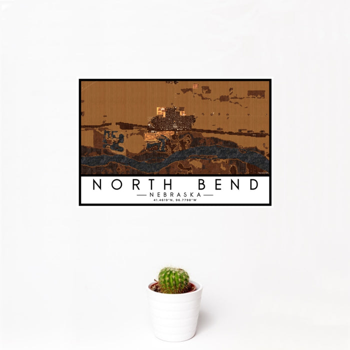 12x18 North Bend Nebraska Map Print Landscape Orientation in Ember Style With Small Cactus Plant in White Planter