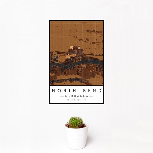 12x18 North Bend Nebraska Map Print Portrait Orientation in Ember Style With Small Cactus Plant in White Planter