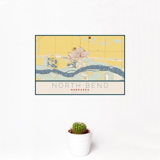 12x18 North Bend Nebraska Map Print Landscape Orientation in Woodblock Style With Small Cactus Plant in White Planter
