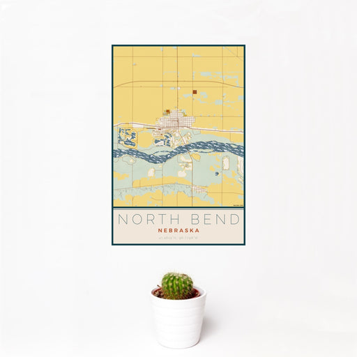 12x18 North Bend Nebraska Map Print Portrait Orientation in Woodblock Style With Small Cactus Plant in White Planter