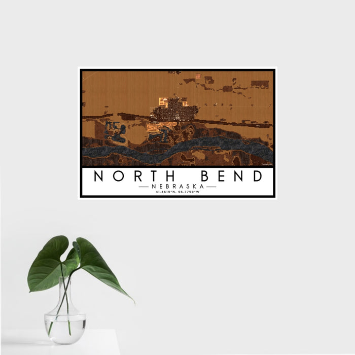 16x24 North Bend Nebraska Map Print Landscape Orientation in Ember Style With Tropical Plant Leaves in Water