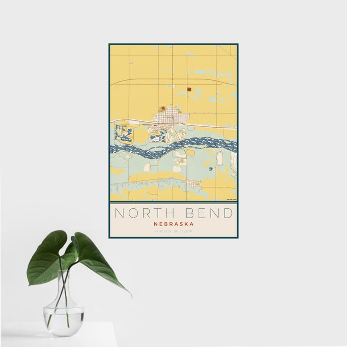 16x24 North Bend Nebraska Map Print Portrait Orientation in Woodblock Style With Tropical Plant Leaves in Water