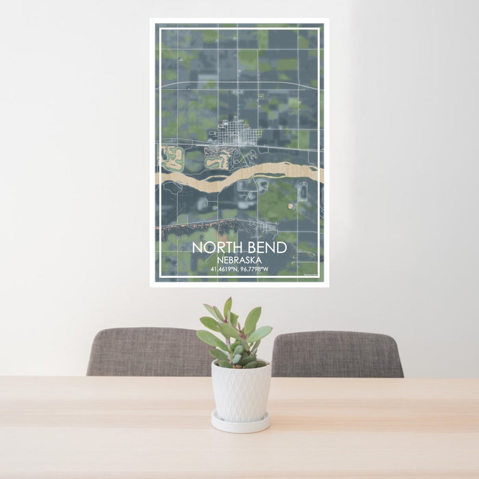 24x36 North Bend Nebraska Map Print Portrait Orientation in Afternoon Style Behind 2 Chairs Table and Potted Plant