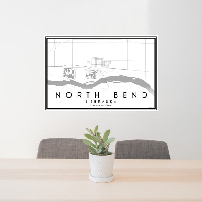 24x36 North Bend Nebraska Map Print Lanscape Orientation in Classic Style Behind 2 Chairs Table and Potted Plant