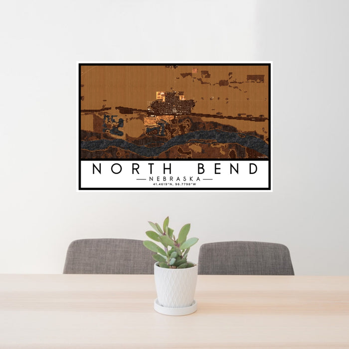 24x36 North Bend Nebraska Map Print Lanscape Orientation in Ember Style Behind 2 Chairs Table and Potted Plant