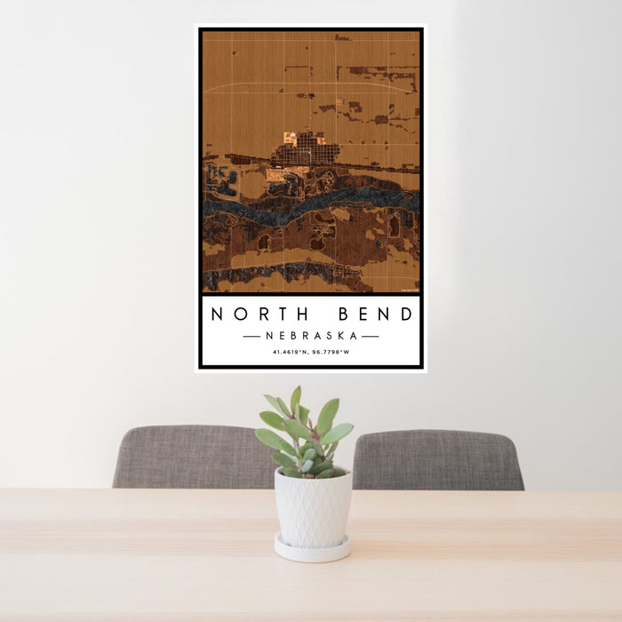 24x36 North Bend Nebraska Map Print Portrait Orientation in Ember Style Behind 2 Chairs Table and Potted Plant