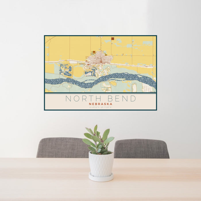 24x36 North Bend Nebraska Map Print Lanscape Orientation in Woodblock Style Behind 2 Chairs Table and Potted Plant
