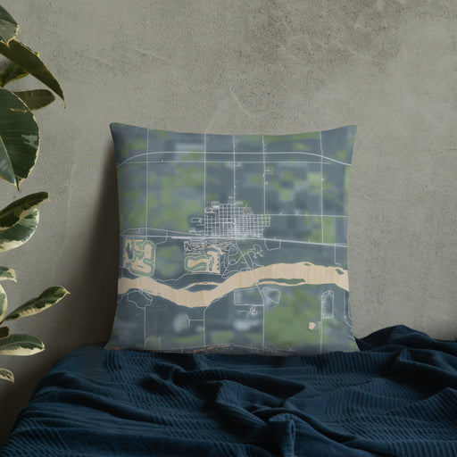 Custom North Bend Nebraska Map Throw Pillow in Afternoon on Bedding Against Wall