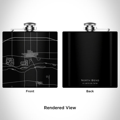 Rendered View of North Bend Nebraska Map Engraving on 6oz Stainless Steel Flask in Black