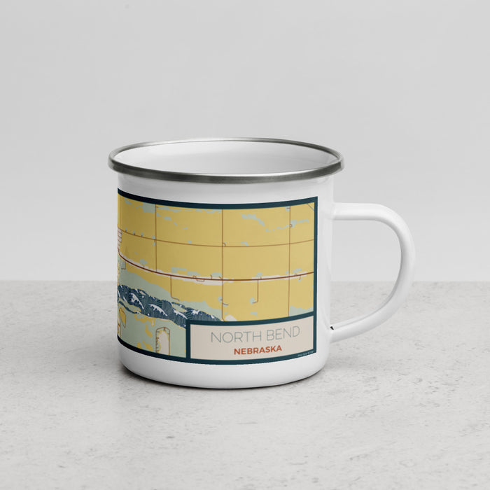 Right View Custom North Bend Nebraska Map Enamel Mug in Woodblock