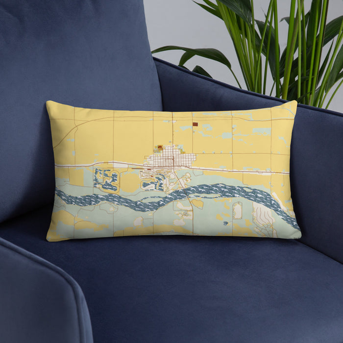 Custom North Bend Nebraska Map Throw Pillow in Woodblock on Blue Colored Chair