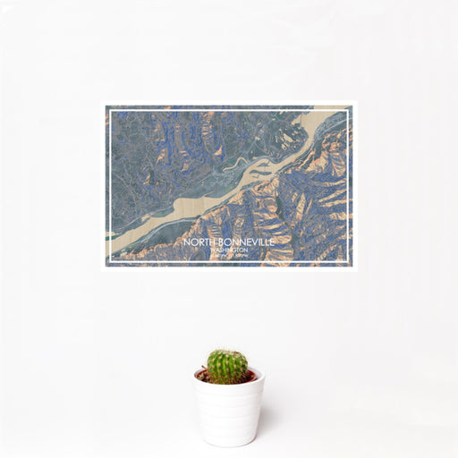 12x18 North Bonneville Washington Map Print Landscape Orientation in Afternoon Style With Small Cactus Plant in White Planter
