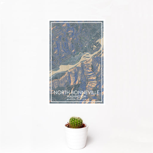 12x18 North Bonneville Washington Map Print Portrait Orientation in Afternoon Style With Small Cactus Plant in White Planter