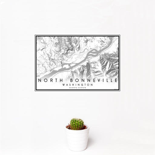 12x18 North Bonneville Washington Map Print Landscape Orientation in Classic Style With Small Cactus Plant in White Planter