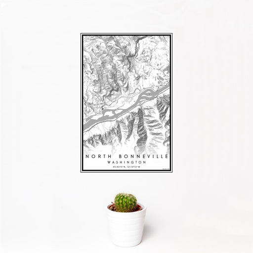 12x18 North Bonneville Washington Map Print Portrait Orientation in Classic Style With Small Cactus Plant in White Planter