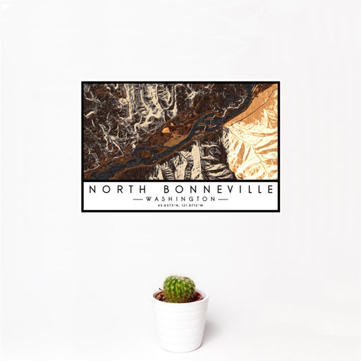 12x18 North Bonneville Washington Map Print Landscape Orientation in Ember Style With Small Cactus Plant in White Planter