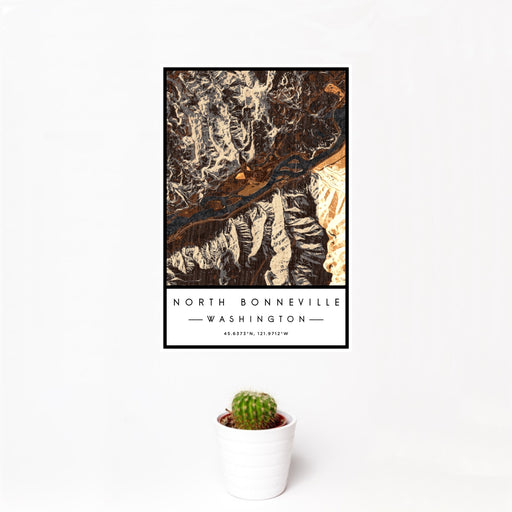 12x18 North Bonneville Washington Map Print Portrait Orientation in Ember Style With Small Cactus Plant in White Planter