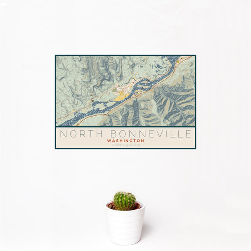 12x18 North Bonneville Washington Map Print Landscape Orientation in Woodblock Style With Small Cactus Plant in White Planter