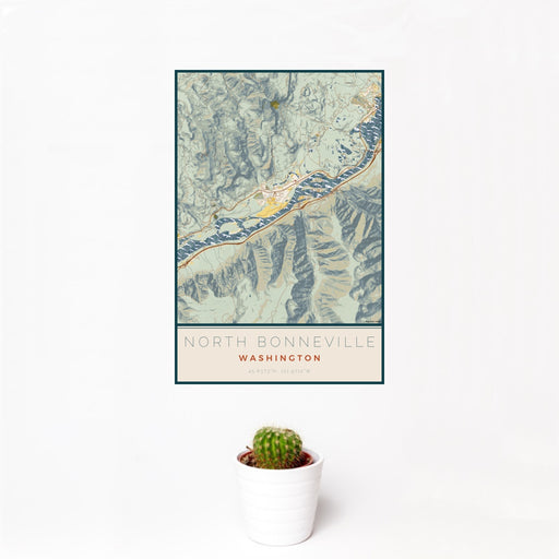 12x18 North Bonneville Washington Map Print Portrait Orientation in Woodblock Style With Small Cactus Plant in White Planter