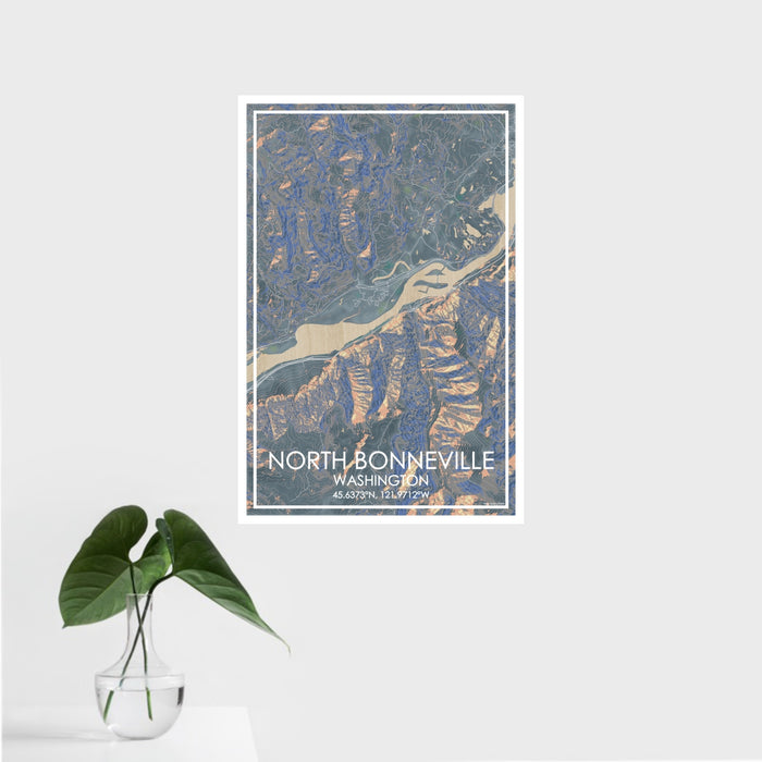 16x24 North Bonneville Washington Map Print Portrait Orientation in Afternoon Style With Tropical Plant Leaves in Water