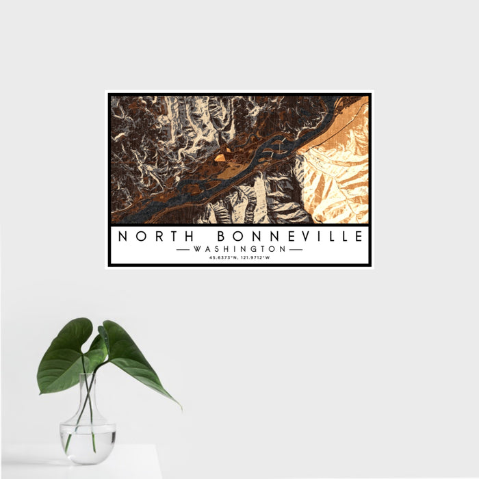 16x24 North Bonneville Washington Map Print Landscape Orientation in Ember Style With Tropical Plant Leaves in Water