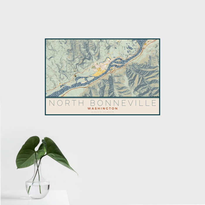 16x24 North Bonneville Washington Map Print Landscape Orientation in Woodblock Style With Tropical Plant Leaves in Water