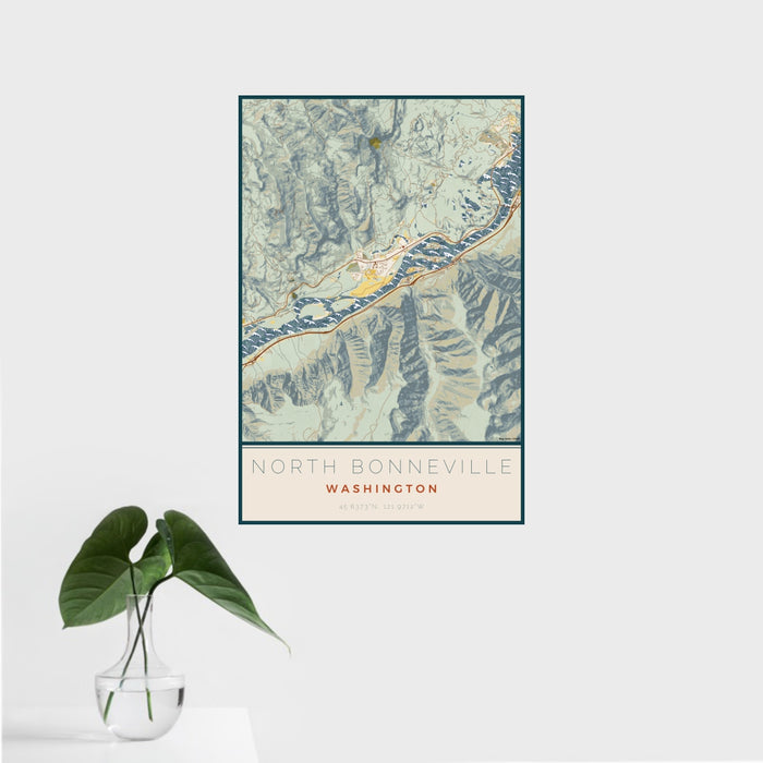 16x24 North Bonneville Washington Map Print Portrait Orientation in Woodblock Style With Tropical Plant Leaves in Water