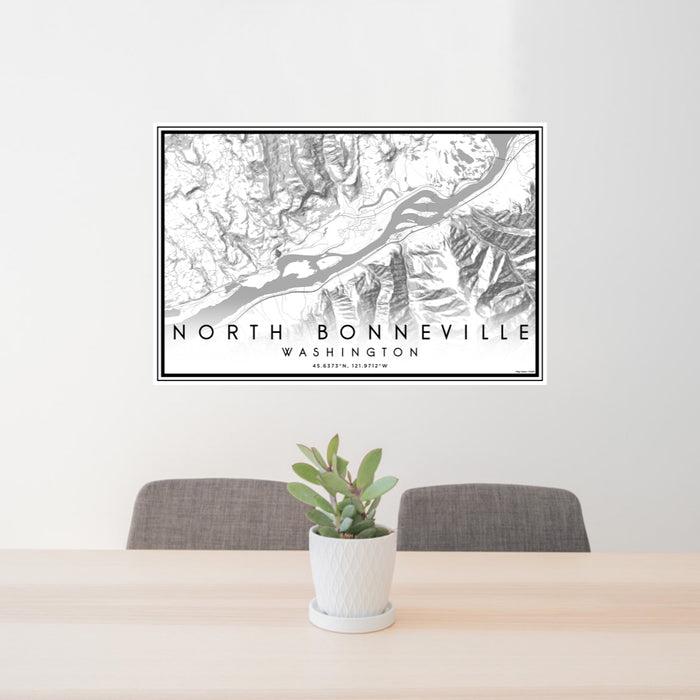 24x36 North Bonneville Washington Map Print Lanscape Orientation in Classic Style Behind 2 Chairs Table and Potted Plant