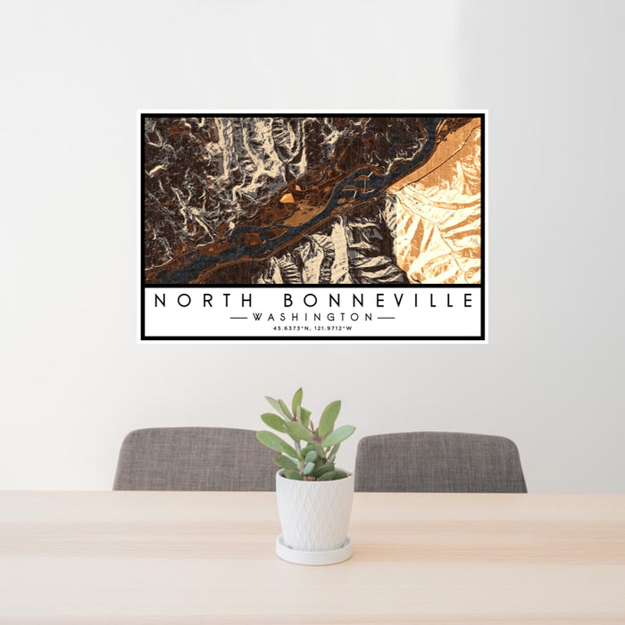 24x36 North Bonneville Washington Map Print Lanscape Orientation in Ember Style Behind 2 Chairs Table and Potted Plant