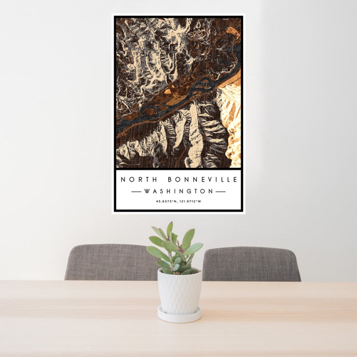 24x36 North Bonneville Washington Map Print Portrait Orientation in Ember Style Behind 2 Chairs Table and Potted Plant