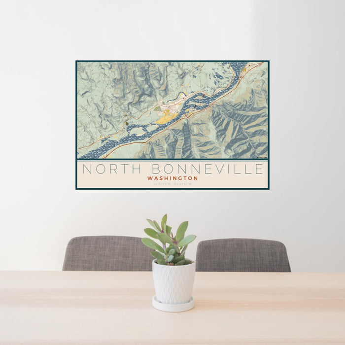 24x36 North Bonneville Washington Map Print Lanscape Orientation in Woodblock Style Behind 2 Chairs Table and Potted Plant