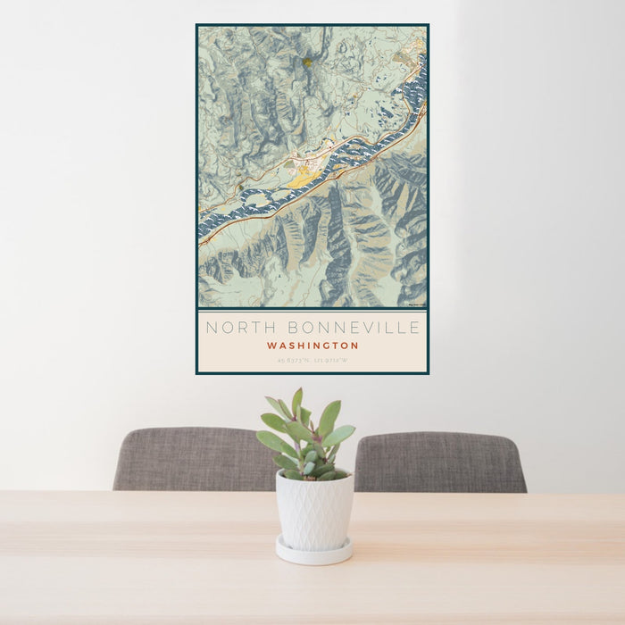 24x36 North Bonneville Washington Map Print Portrait Orientation in Woodblock Style Behind 2 Chairs Table and Potted Plant
