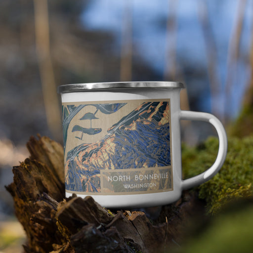 Right View Custom North Bonneville Washington Map Enamel Mug in Afternoon on Grass With Trees in Background