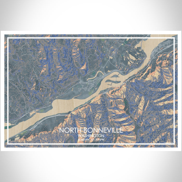 North Bonneville Washington Map Print Landscape Orientation in Afternoon Style With Shaded Background