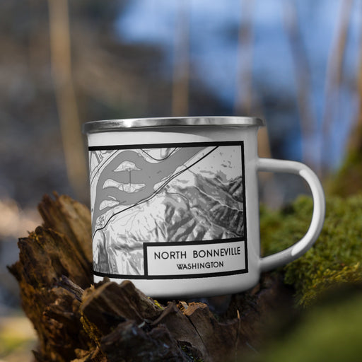 Right View Custom North Bonneville Washington Map Enamel Mug in Classic on Grass With Trees in Background