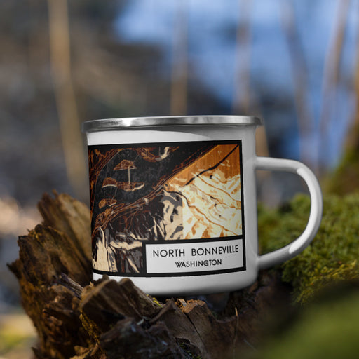 Right View Custom North Bonneville Washington Map Enamel Mug in Ember on Grass With Trees in Background