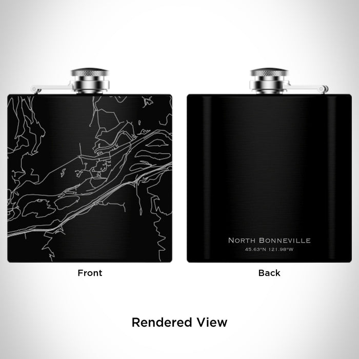 Rendered View of North Bonneville Washington Map Engraving on 6oz Stainless Steel Flask in Black