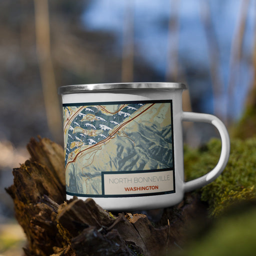 Right View Custom North Bonneville Washington Map Enamel Mug in Woodblock on Grass With Trees in Background