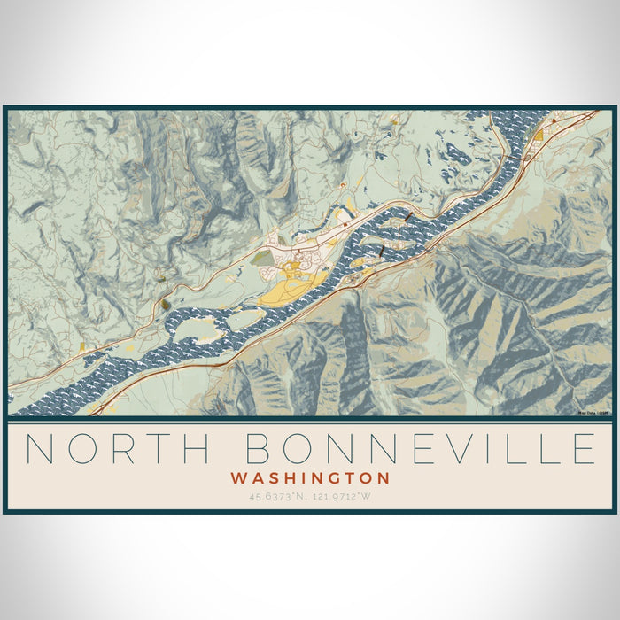 North Bonneville Washington Map Print Landscape Orientation in Woodblock Style With Shaded Background