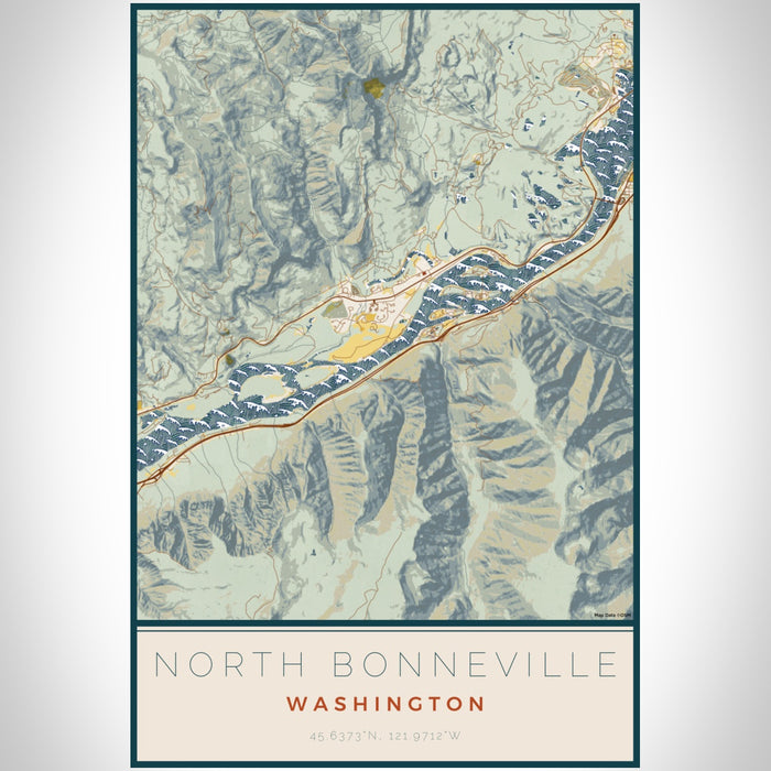 North Bonneville Washington Map Print Portrait Orientation in Woodblock Style With Shaded Background